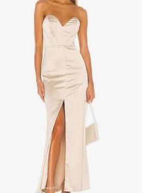 superdown Champagne Strapless Sweetheart Slit Maxi Dress